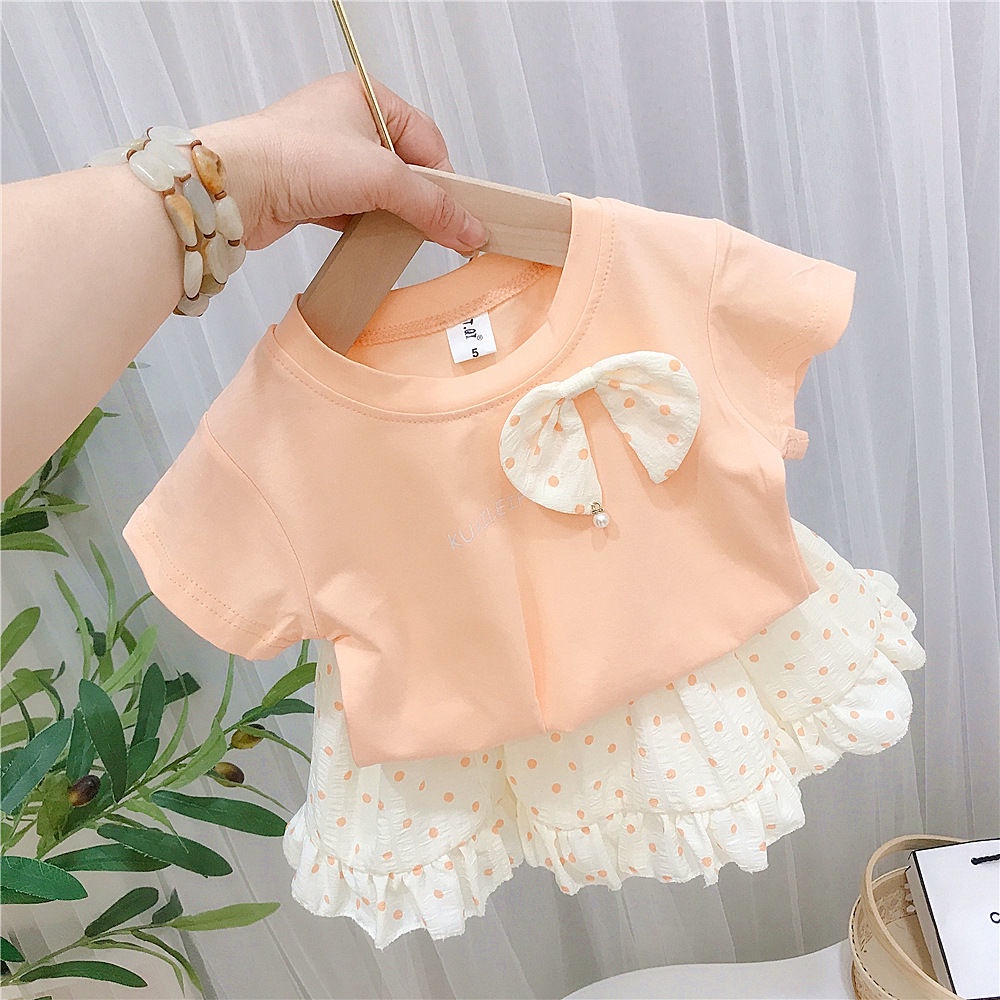 Set Áo Thun Tay Ngắn Thắt Nơ + Chân Váy Chấm Bi Thời Trang Hè Hàn Quốc 2023 Mới Cho Bé Gái