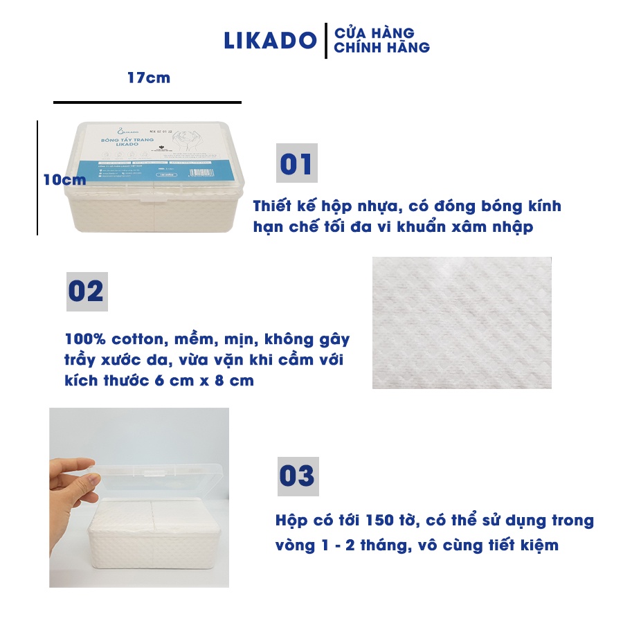 Bông tẩy trang Likado khổ lớn 6cm x 8cm hộp 150 miếng