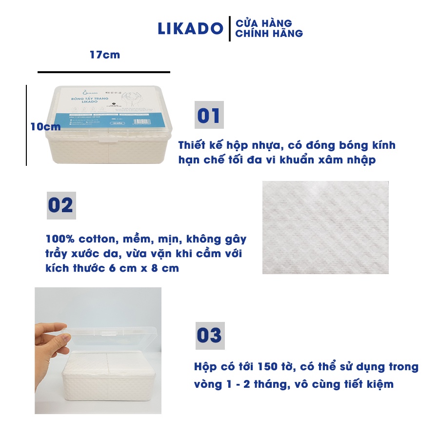 Bông tẩy trang Likado khổ lớn dạng HỘP 150 MIẾNG