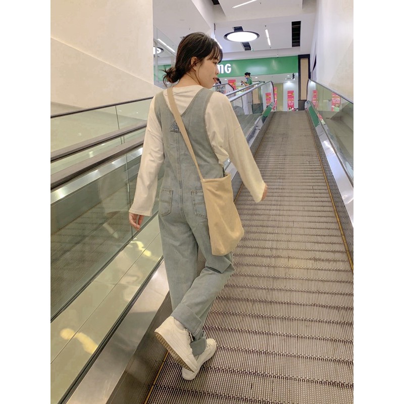 Yếm jean nữ, Quần yếm ống suông form rộng màu xanh nhạt Basic Phong Cách Hàn Quốc, Bigsize Loại 1 Quảng Châu