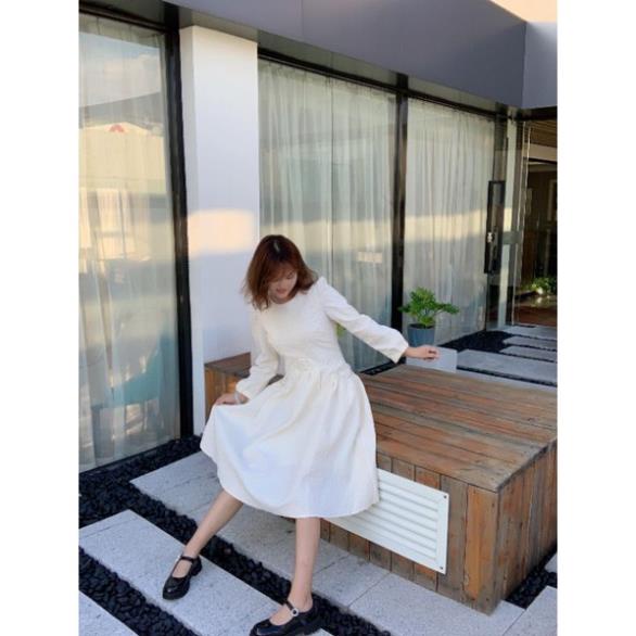 Váy midi xoè tay phồng màu trắng kem bồng bềnh