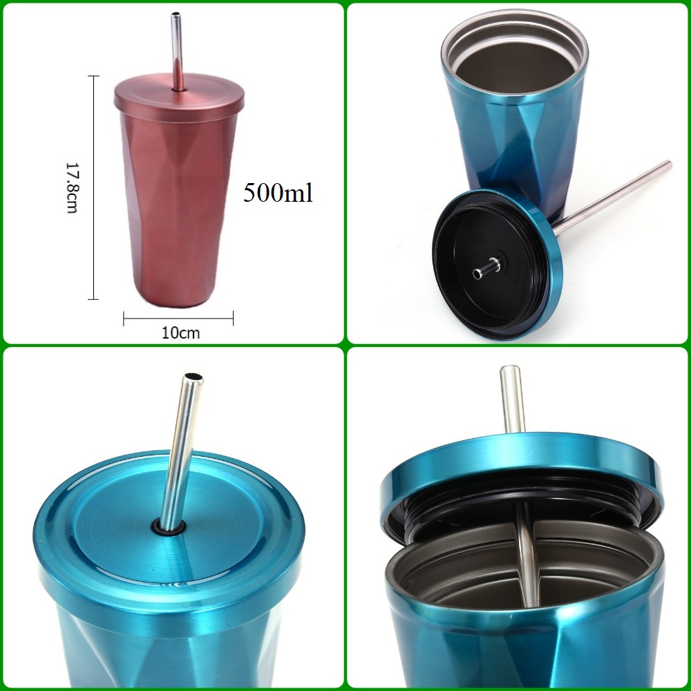 Ly giữ nhiệt inox Thái Lan 500ml có ống hút thép không gỉ bình cốc uống nước để bàn mã 220xx