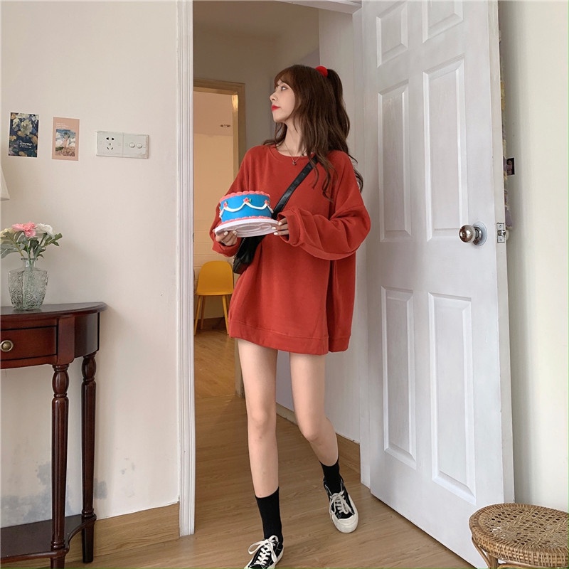 SUXI Áo Thun Tay Dài Cổ Tròn Dáng Rộng Màu Sắc Đơn Giản Phong Cách Hàn Quốc Cho Bạn Gái