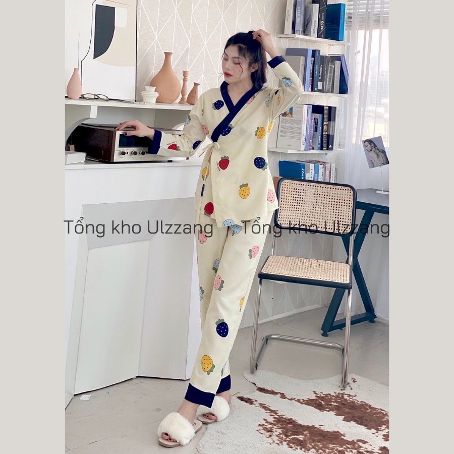 Bộ Ngủ Pijama Kimono Dài Tay Phối Viền Họa Tiết Dễ Thương