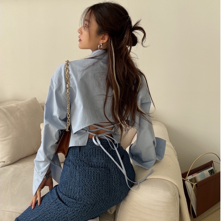 Áo sơ mi sexy cài cúc hở lưng thắt dây lưng dây chéo phong cách Hàn Quốc