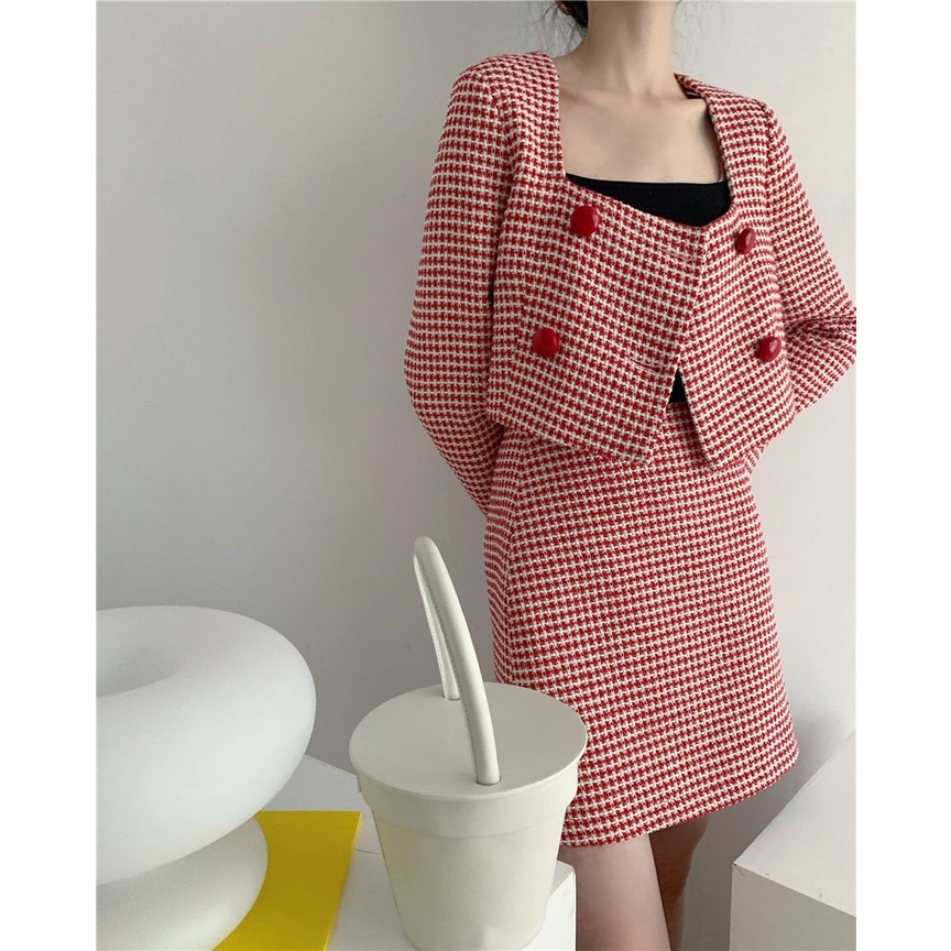 Set áo cổ vuông dài tay + chân váy họa tiết ca rô thời trang dành cho nữ | BigBuy360 - bigbuy360.vn