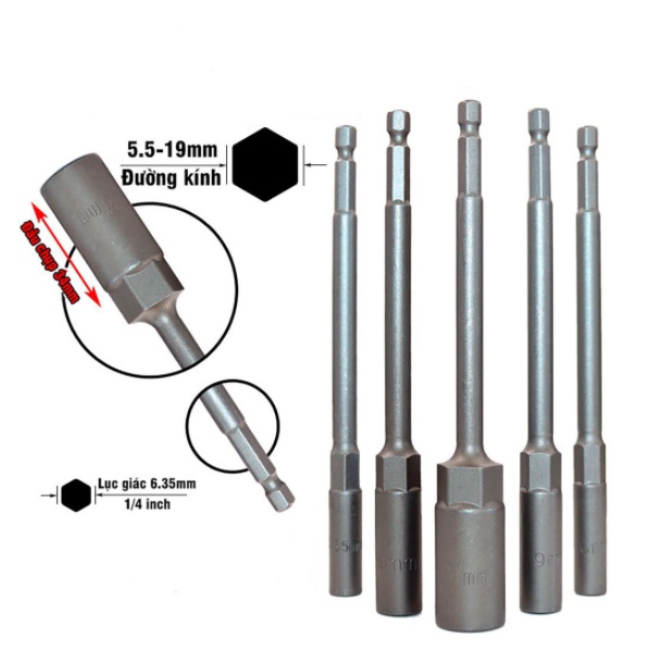 Đầu chụp bulong chân lục giác cho khoan pin và khoan điện 150mm sâu lòng - Đủ kích thước