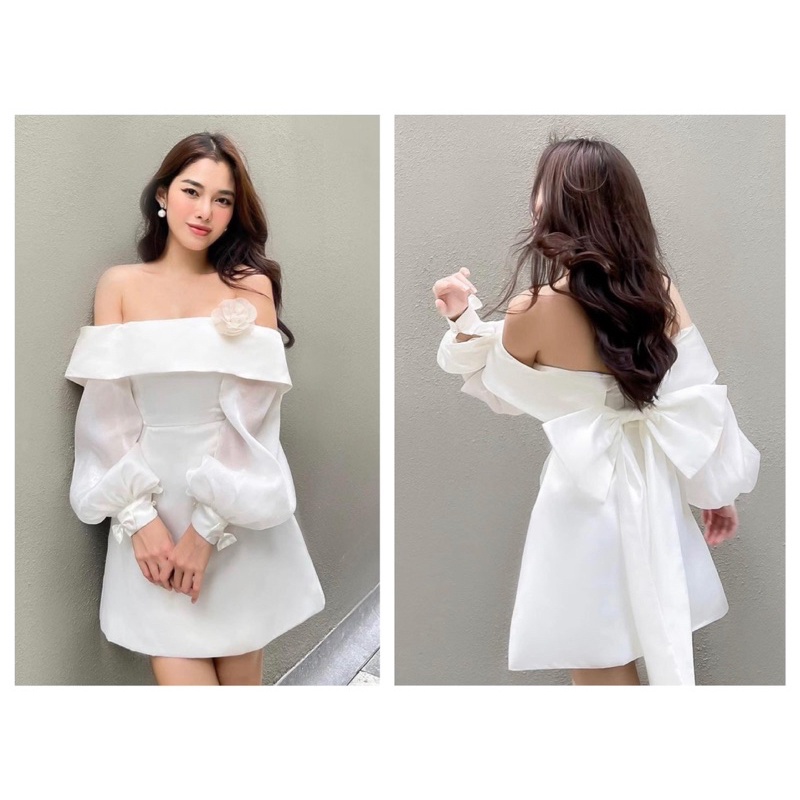 VÁY/ĐẦM TRẮNG THIẾT KẾ TRỄ VAI NƠ LƯNG BẢN TO TAY TƠ DÀI DÁNG XOÈ NHẸ SIÊU HOT