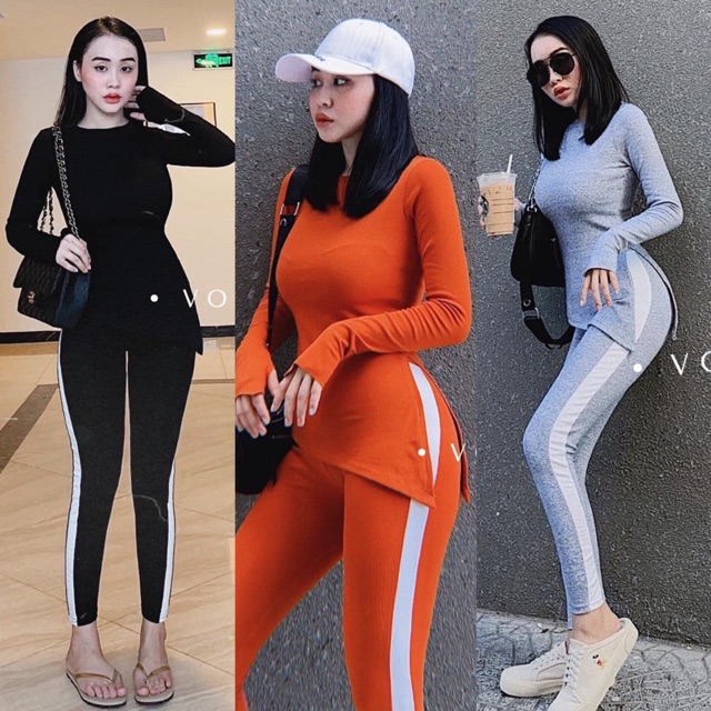 Set áo thun vạt xéo tay dài + quần dài legging phối sọc