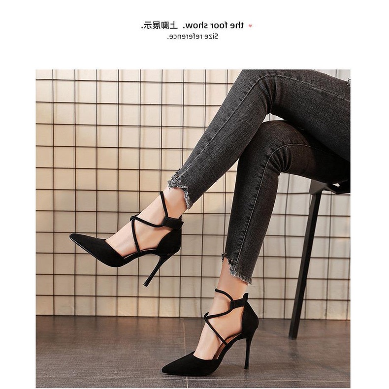 Đôi giày cao gót mũi nhọn quai chéo bằng da lộn phong cách Hàn Quốc cho nữ 2021