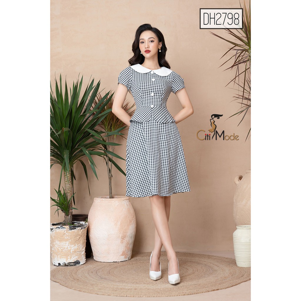 Đầm xòe công sở cao cấp ELYSIA dáng peplum họa tiết kẻ đen trắng DH2798