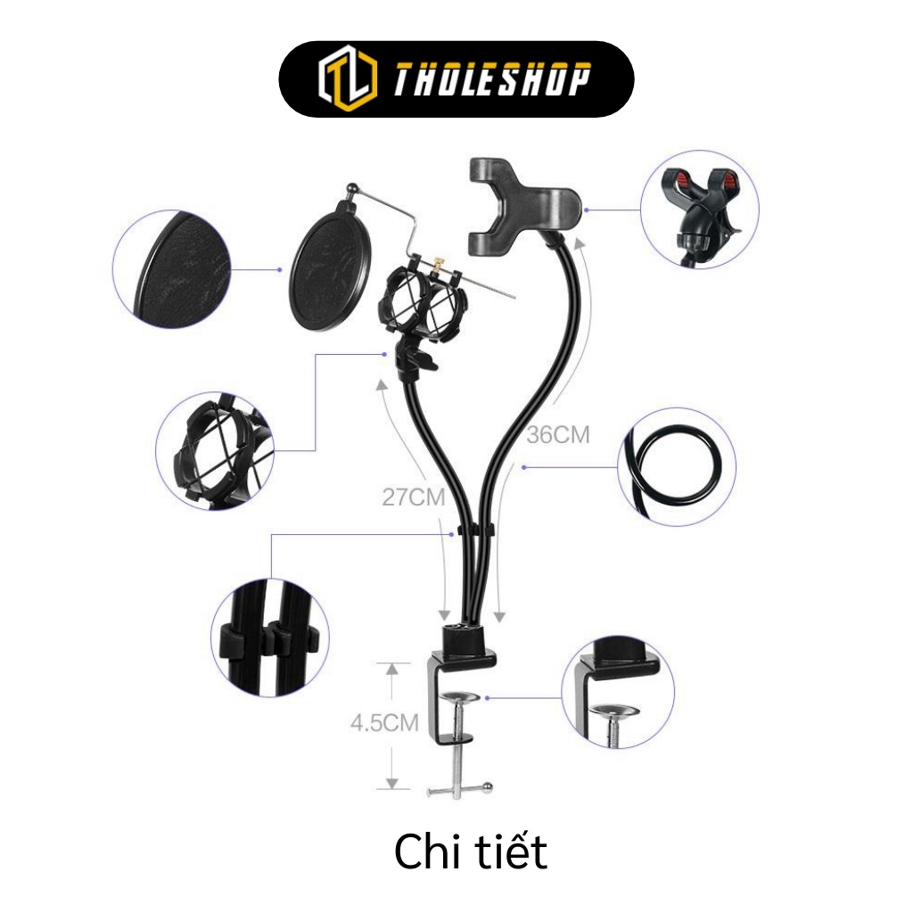 Giá Đỡ Livestream - Giá Đỡ Kẹp Điện Thoại Và Micro Kẹp Bàn, Màng Lọc Âm Thanh 5245