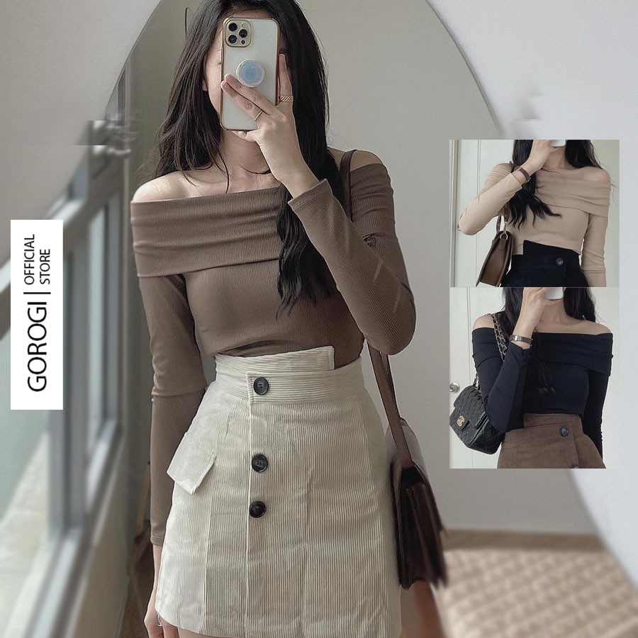 Áo len nữ trễ vai kiểu hàn quốc GOROGI, áo len tăm cao cấp mỏng dài tay sweater thiết kế | BigBuy360 - bigbuy360.vn