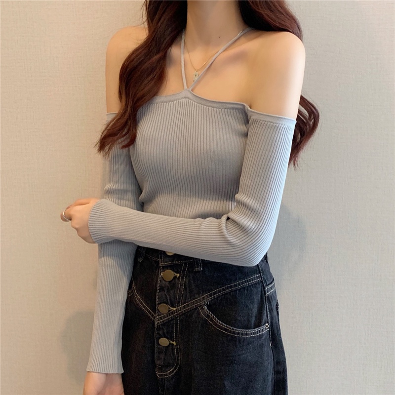 Áo croptop SUXI dệt kim tay dài trễ vai phong cách gợi cảm