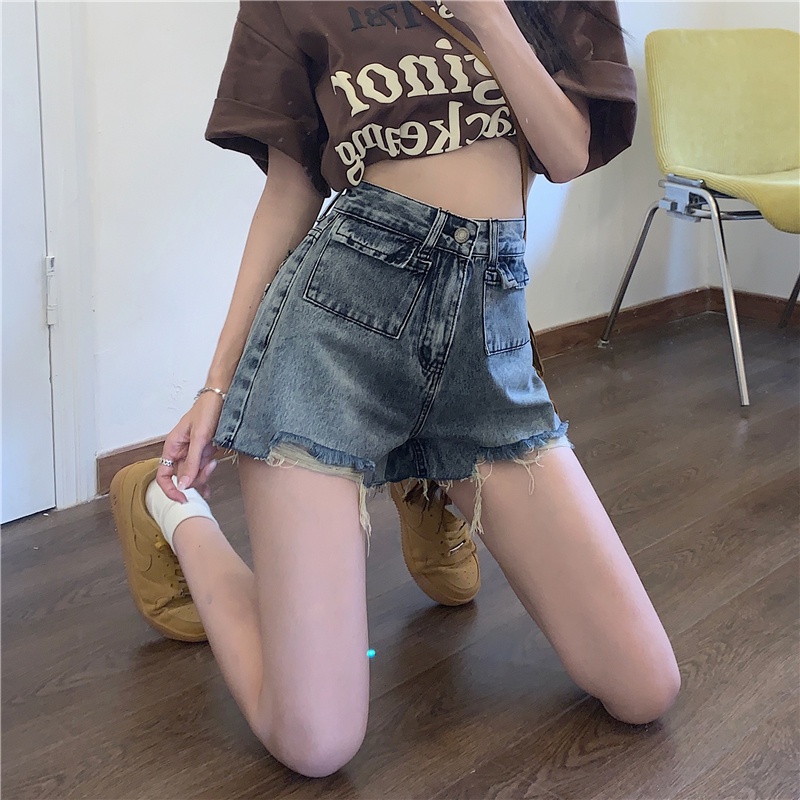 Quần Short denim Lưng Cao Ống Rộng Phong Cách retro Cho Nữ