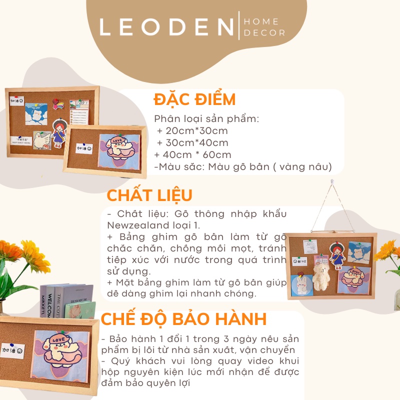 Bảng ghim treo tường gỗ bần, bảng ghim ảnh, bảng ghim ghi chú, bảng gỗ để bàn đẹp - LEODEN DECOR