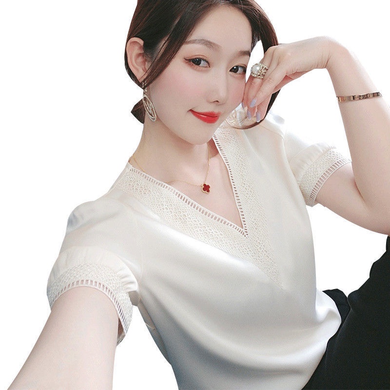 Áo Sơ Mi Chiffon Tay Ngắn Cổ Chữ V Viền Ren Phong Cách Hàn Quốc Hàng Mới Dành Cho Bạn Nữ30%
