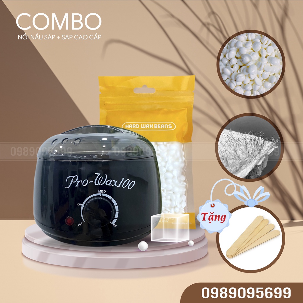 Combo nồi nấu sáp wax lông Pro wax100 + Sáp Thơm Cao Cấp, bộ nấu sáp wax lông tẩy lông tại nhà, Spa  tặng kèm que gỗ