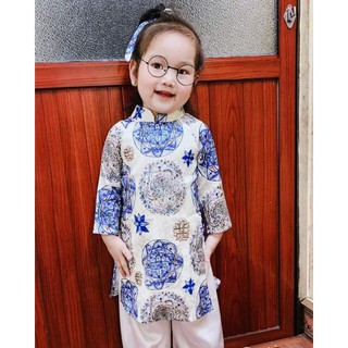 Áo dài Tết cách tân bé gái Hiên Viên cho bé chất liệu lụa cao cấp họa tiết gạch bông kèm quần lụa và băng đô HVADTG05
