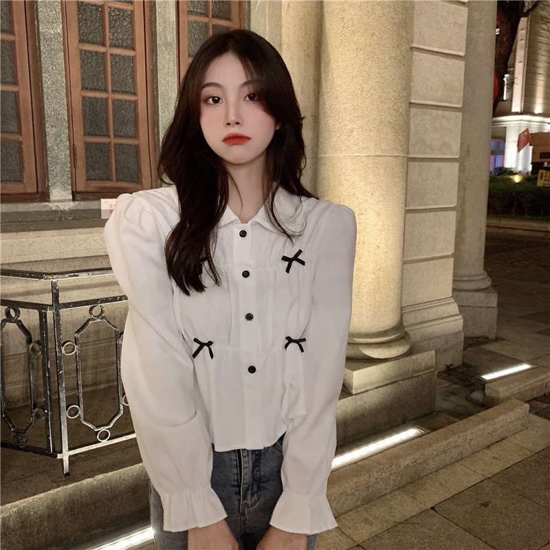 Áo sơ mi IELGY dài tay thắt nơ phong cách Hàn Quốc cho nữ