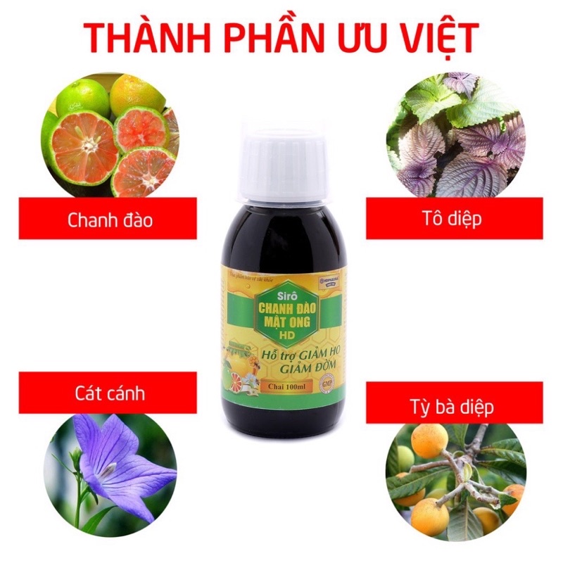 Siro ho mật ong chanh đào HD giảm ho, hỗ trợ bổ phế, tiêu đờm cho bé từ 1 tuổi - chai 100 ml