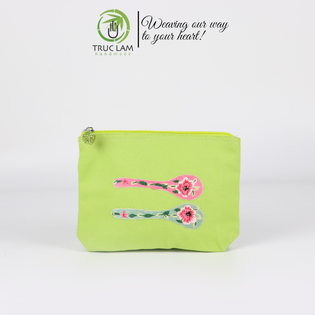 Ví Cầm Tay Nữ Vải Canvas Thêu Tay Họa Tiết Hai Chiếc Thìa Hoa - Trúc Lâm Handmade