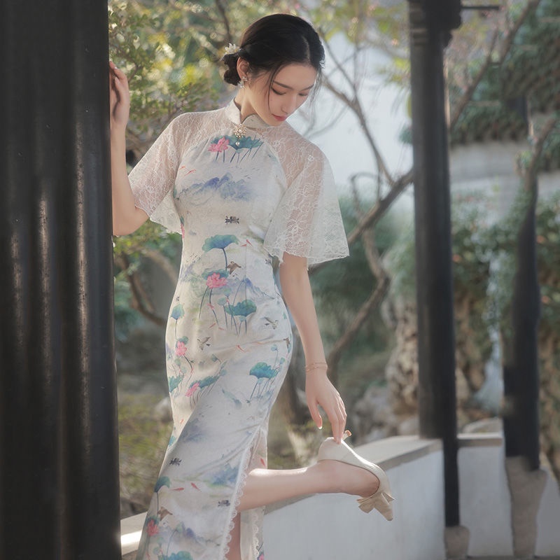 Đầm Sườn Xám Tay Ngắn Phối Ren Hoa Phong Cách Vintage Cho Nữ