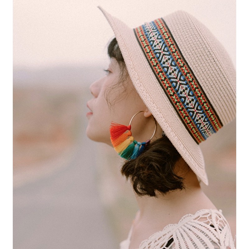 Mũ ngắn vành bohochic hoạ tiết độc đáo phụ kiện du lịch vintage