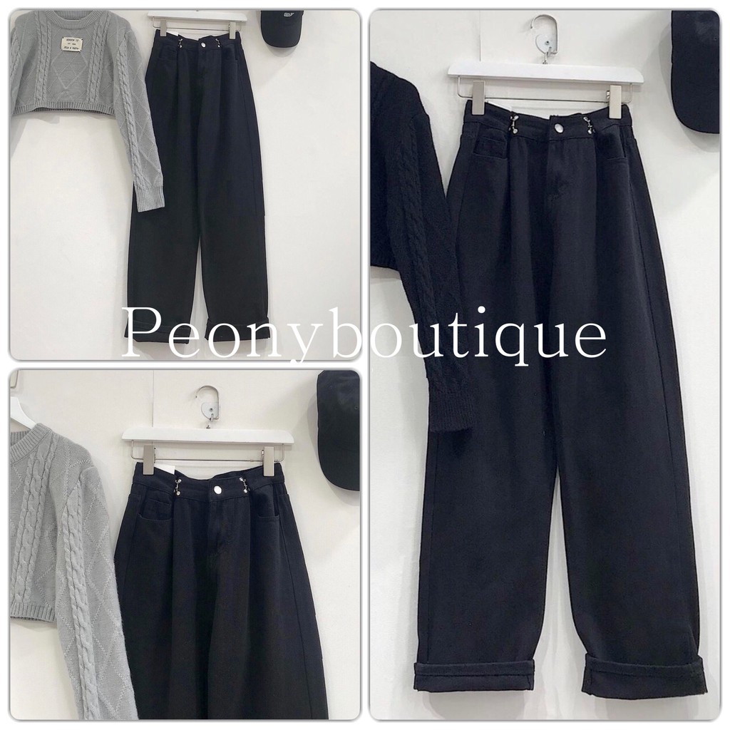 Quần Jean Đen Cạp Móc PEONYB Nữ [FREESHIP] 🌸 Jeans suông ống rộng cạp cao, culottes dáng dài cá tính Ulzzang 🌸