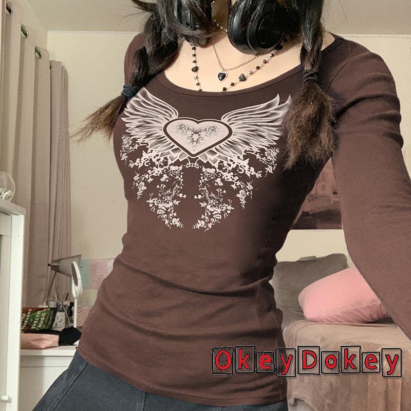 Áo thun tay dài cổ tròn in họa tiết cá tính màu nâu dễ thương cho nữ