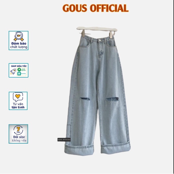 Quần Jean Nữ Form Rộng Quần Bò Thiết Kế Dáng Suông Ống Đứng Rách Gối Cá Tính Năng Động BYKO Màu Xanh 2682 GOUS OFFICIAL