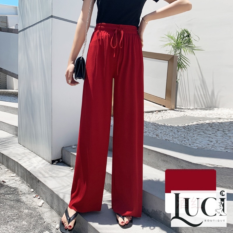 Quần ống rộng/ quần dài dáng suông lưng thun cạp cao màu đen/ kem/ đỏ/ xám