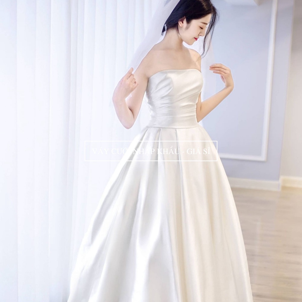 Váy cưới satin cô dâu, váy cưới cup ngực xòe form A, form siết eo tùy chỉnh