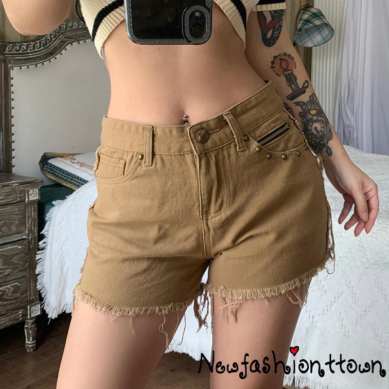 Quần Short Jean Lưng Cao Viền Rách Màu Trơn Phối Rách Phong Cách Punk Thời Trang Mùa Hè Cho Nữ Y2K