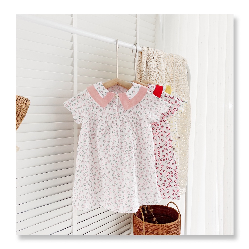 Váy hè cộc tay hoa nhí cổ phối màu cho bé 8-23Kg  - Chất thô hoa mỏng mát