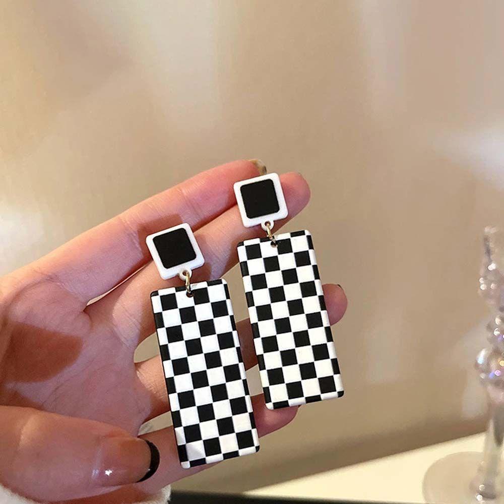 Bông Tai Acrylic Sọc Caro Trắng Đen Hình Chữ Nhật Họa Tiết Bảng Đen 1 Hàng Ngày Cho Nữ