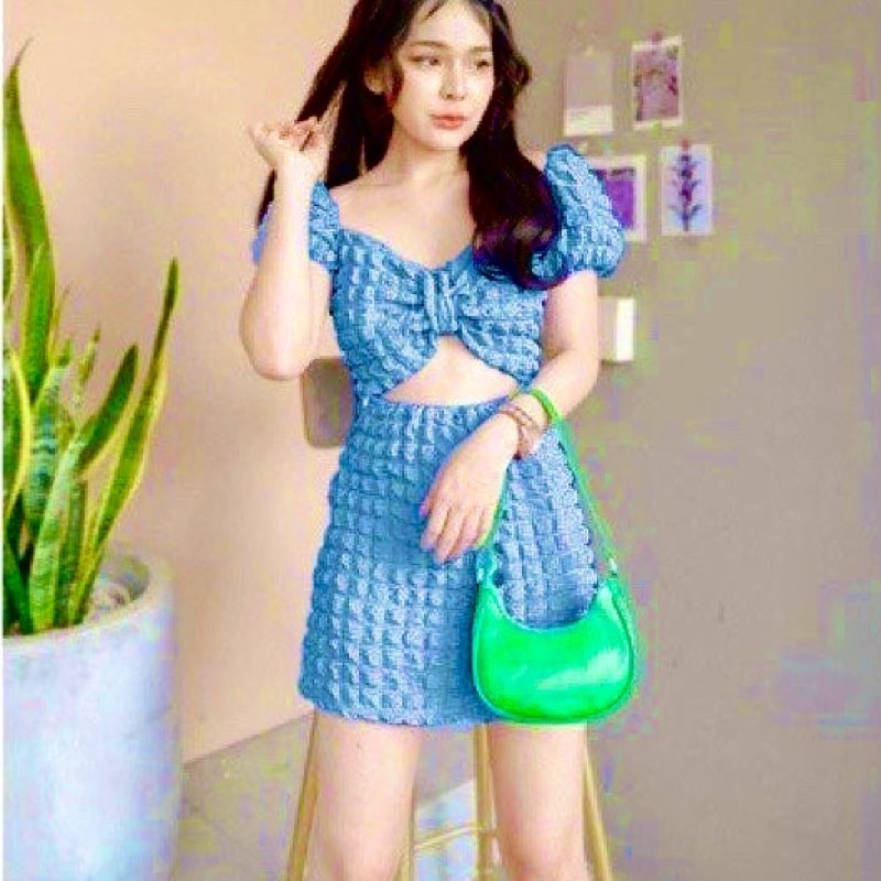 Đầm ôm body nữ kiểu khoét ngực phối nhún nơ form ngắn chất vải thun xốp to 4 chiều FreeSize feedback - Bảo An Shop