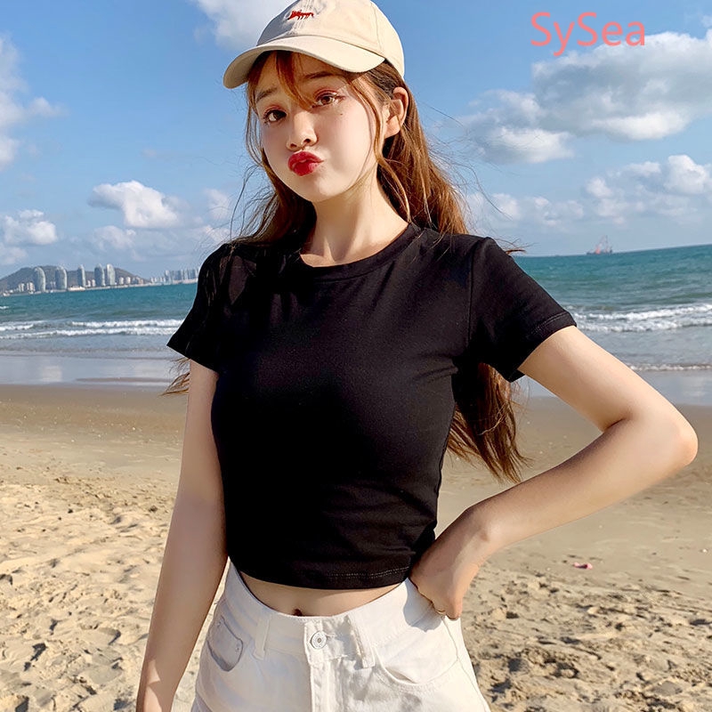 Áo croptop dáng ôm ngắn tay cổ tròn màu trơn trẻ trung đơn giản