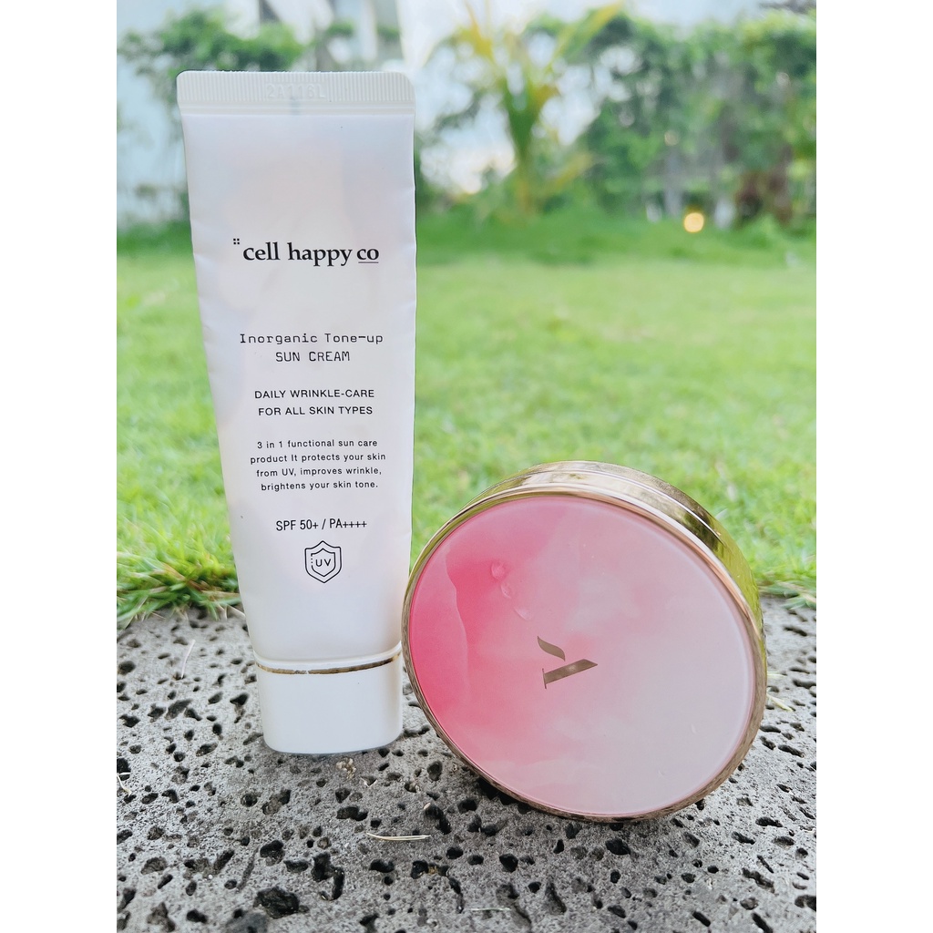 Combo trang điểm Cushion tươi dưỡng da có màu 99% dưỡng, 1% make + Kem chống nắng Cell Happy Co 3in1 làm trắng