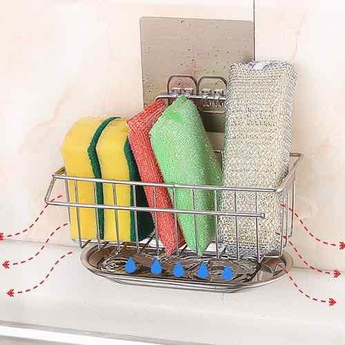 Kệ Inox Đựng Đồ Rửa Chén Kèm Khay Hứng Nước Dán Tường Tiện Lợi