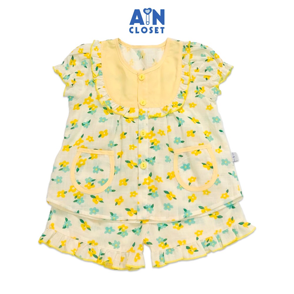 Bộ quần áo ngắn bé gái họa tiết Hoa Sứ vàng xanh linen xước AICDBGNOSE1N AIN Closet