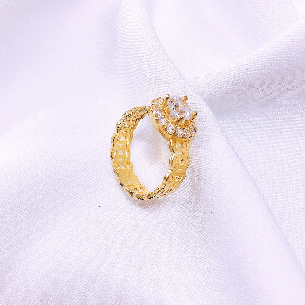 Nhẫn đá tròn to thân kim tiền LINH MIU SILVER