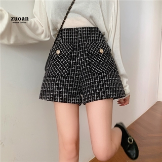 SUXI Quần Short Lưng Cao Ống Rộng Họa Tiết Sọc Caro Thời Trang Thu Đông