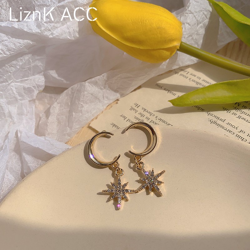 Bông Tai Hình Mặt Trăng Ngôi Sao Đính Đá s925 Phong Cách Pháp Đơn Giản Thời Trang Cho Nữ