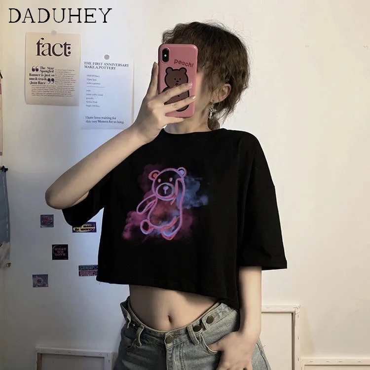 Áo thun Daduhey tay ngắn dáng rộng hở rốn in họa tiết gấu phong cách Hàn Quốc thời trang mùa hè cho nữ