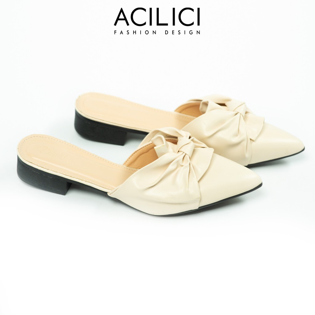 Giày sục nữ ACILICI thời trang mũi nhọn quai xoắn nơ fom chuẩn size 35-40 gót cao 2cm màu đen và kem_TC019