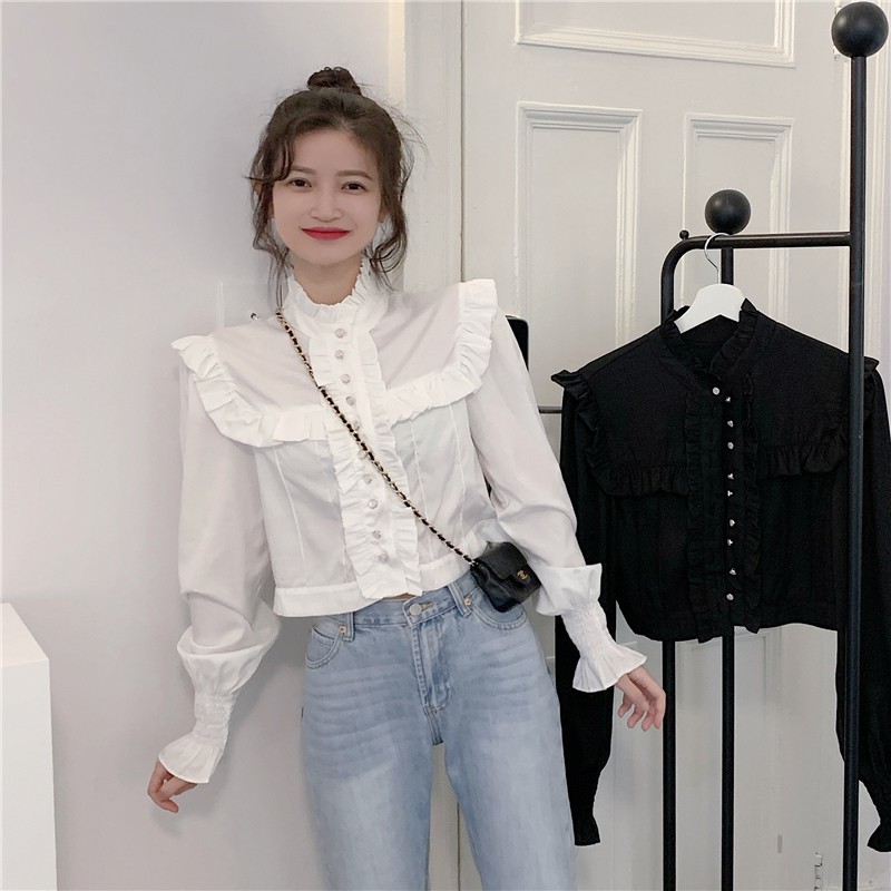 Áo kiểu tay dài cổ cao đính nút bằng gỗ thời trang phong cách retro | BigBuy360 - bigbuy360.vn