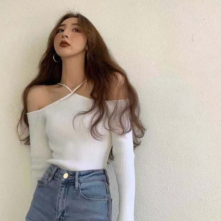 Áo dệt kim hở vai cổ yếm thời trang Hàn Quốc