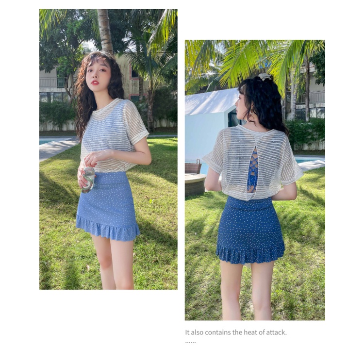 Set đồ bơi dạo biển ba mảnh gồm áo tắm + chân váy ngắn + áo khoác ren quyến rũ dành cho nữ