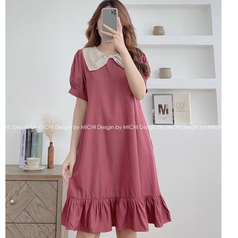 váy suông cộc tay nơ cổ vai bồng chất đũi 2 màu